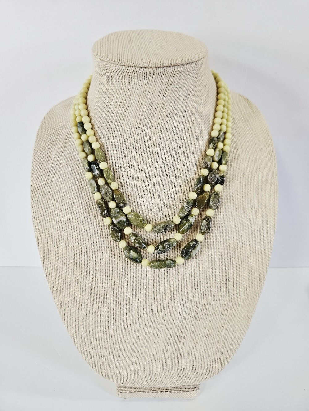 Vintage Triple-Strand Beaded Natural Serpentine Yellow Jasper Stone Necklace
